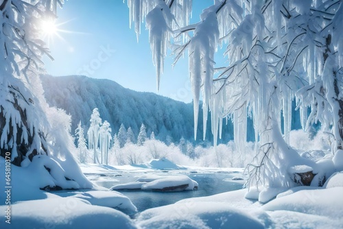an ultra-realistic still-life composition of a frozen wilderness scene with icicles, frost-covered branches, and a serene snowy landscape - AI Generative