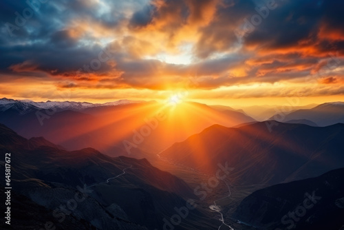 Golden Horizon: Majestic Aerial Serenity, Breathtaking Sunset over Mountain Range - a Scenic Adventure in Nature's Panorama