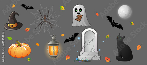 Set of isolated Halloween items: witch hat, spider on the web, ghost with chocolate, pumpkin, lantern, gravestone, moon, blask cat, bat and leaves. Vector illustration