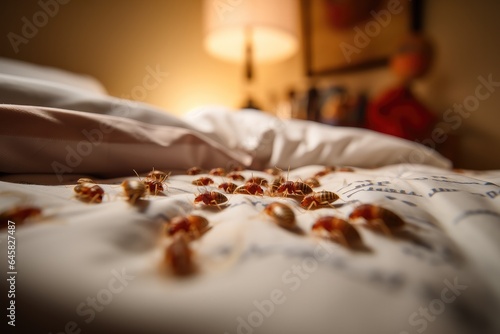 Close up view of bedbugs with blurred bedroom in the background