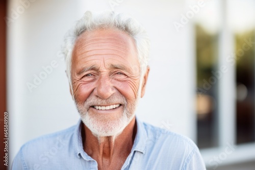 Portrait photography of a French man in his 80s wearing a simple tunic against a white background