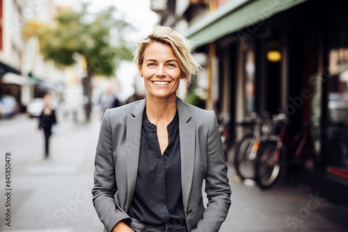 Portrait photography of a Swedish woman in her 40s wearing a classic blazer