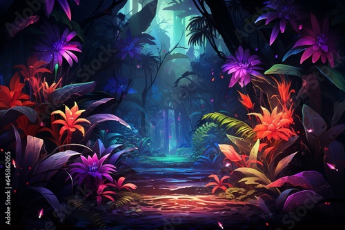 Neon Rainforest Rhythms in The Jungle in The Style of Low Poly Art. Creted with Generative AI Technology