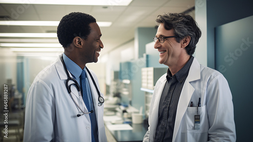 Candid shot of two doctors laughing and talking in a hospital environment, mix raises collaborating in a lab environment, Doctors discussing