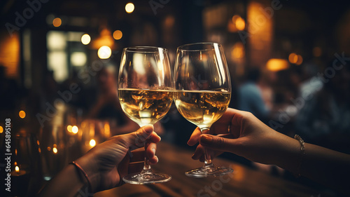 close up hands friends toasting white wine at dinner party in restaurant.generative ai