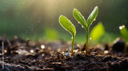 photograph of young plants growing up on ground with raining drop, save world and green green environment concept.generative ai