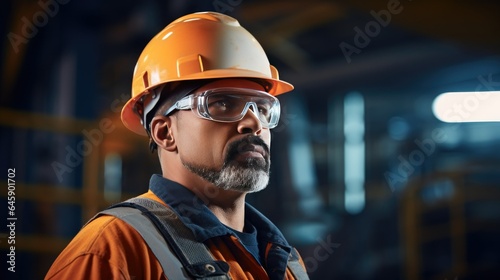 Focused engineer wearing safety goggles and a hard hat, working on a mechanical assembly. The simple background with a subtle gradient highlights the subject.