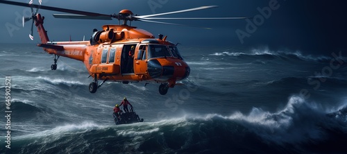 Coast Guard lifeguard descends from a helicopter onto a ship in the middle of the deep blue sea, performing a daring rescue operation.Generated with AI