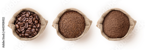 coffee beans and coffee powder in sack bag isolated on white