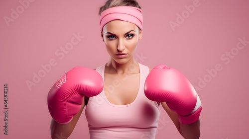Woman in pink sports clothes, headband and pink boxing gloves in hands, breast cancer awareness concept