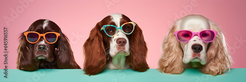 funny studio portrait of 3 spaniels wearing colourful sunglasses