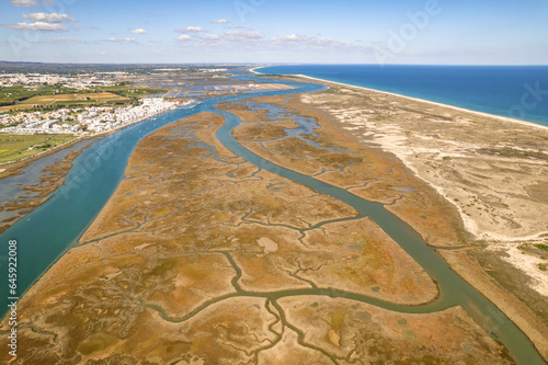Aerial view of the Nature Reserve Ria Formosa in Olhao, Algarve, Portugal