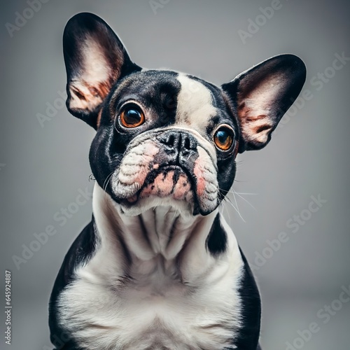 Listening to you. french bulldog young dog is posing. cute playful white-black doggy or pet is playing and looking happy