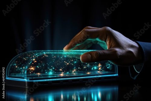 Hand Telephone Hand Holding Telephone Ai Technologyon Black Background. Сoncept Hand Holding Telephone, Ai Technology, Black Background, Mobile Device Usage
