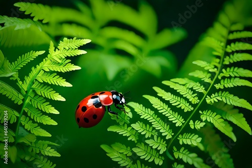 A macro shot of a ladybug navigating the intricate landscape of a fern leaf. 