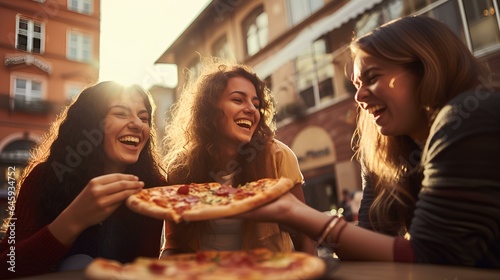 Three young female friends eating pizza sitting outside, Happy women enjoying street food in the city. generative AI