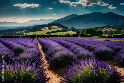 A panoramic view of rolling lavender fields stretching toward distant mountains. 