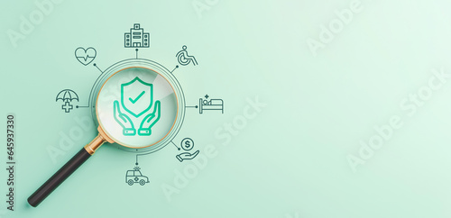 Health insurance concept, Health care checkup, Access to welfare health, Wellness and medical, Magnifying glass and healthcare insurance icon on pastel blue background, World health day