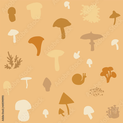 Mushroom silhouette on beige background. Hand drawn pastel seamless pattern.