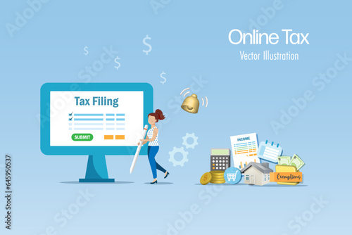 Online tax filing. Woman submit income tax filing on computer with income tax exemption elements for calculating. Vector.