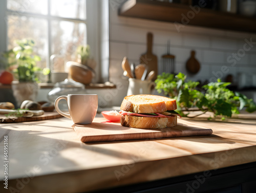 Beautiful modern kitchen countertop with fresh sandwich, and a cup of coffee, sunny morning breakfast at home