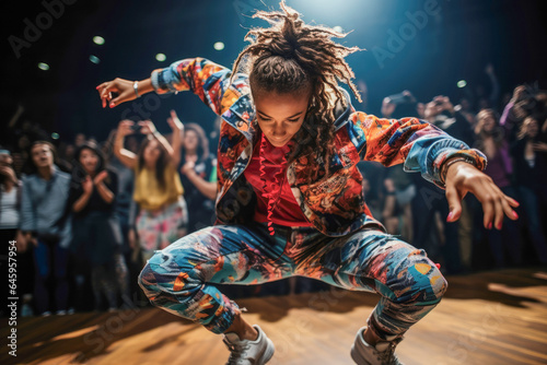 Female breakdancer captivates the audience with her dynamic routine at a competitive breakdancing sport event