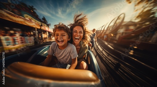 Mother and two children ride a roller coaster in an amusement park