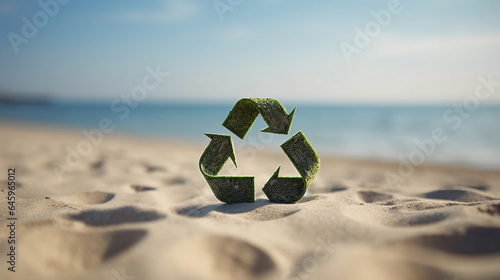 Green recycle symbol or eco sign on the beach and blurred sea background, sustainability and protect enviornment concept.