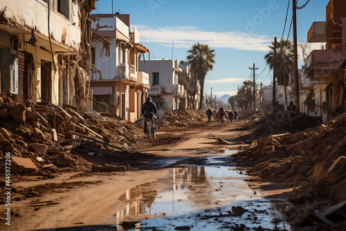 Damaged houses and road after the strong earthquake. AI generated