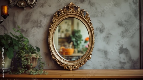 Old vintage retro antique mirror in gold frame, rustic style