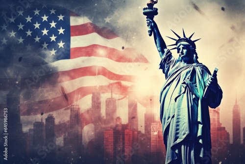 Statue of Liberty with American Flag Illustration, New York City Skyline, Generative AI