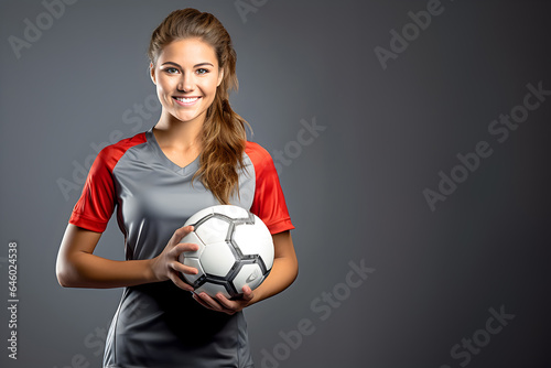 Beautiful woman soccer player model in jersey holding a football in photography studio, Female athlete, Generative AI