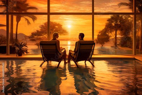 sunset travel relax back romantic honeymoon swimming vacation couple pool. Generative AI.