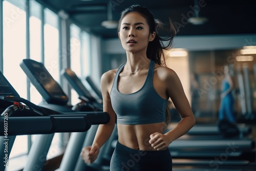 Young woman Asia in sportswear running on treadmill at gym, woman workout in gym healthy lifestyle