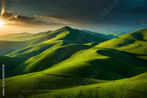 landscape with green field and mountains