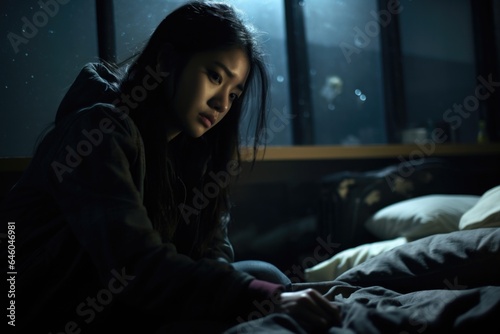 In dim lights of dorm room, young Asian woman stays awake long into night fearing another episode of nightmare. She exhibits signs of Nyctophobia irrational fear of night. concentration on