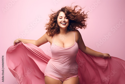 Beautiful smiling fat woman with long color hair. Body positive, plus size concept.