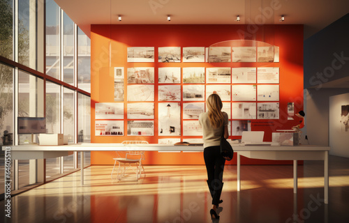 A woman standing in front of a collection of images on a wall. Art gallery. Art exhibition. Bold.