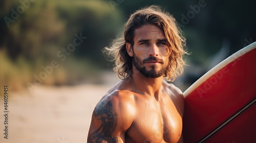portrait of handsome man with surfboard at the beach, ai generated