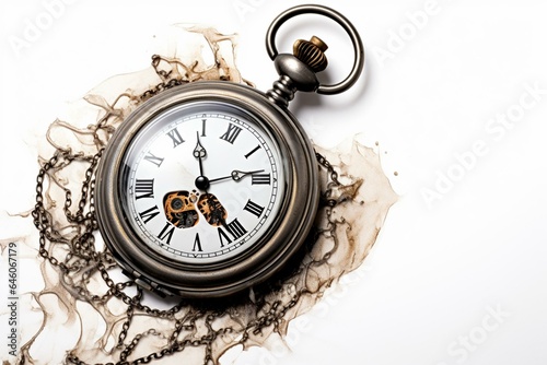 Melted pocket watch on white background. Generative AI