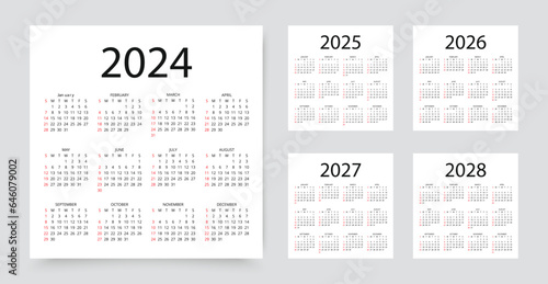 2024, 2025, 2026, 2027, 2028 calendars. Calender templates. Week starts Sunday. Desk planner layout. Yearly diary with 12 month. Organizer in English. Scheduler in simple design. Vector illustration