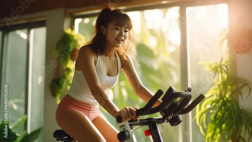 cute asian woman cycling for exercise and wellness at home. Concept home gym.