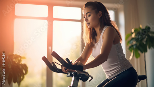 young woman cycling for exercise and wellness at home. Concept home gym.