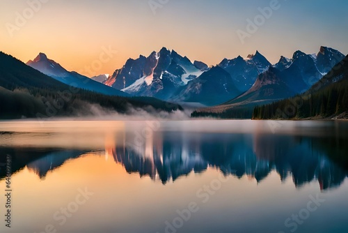 sunrise in the mountains, A painting of a lake with mountains in the background.