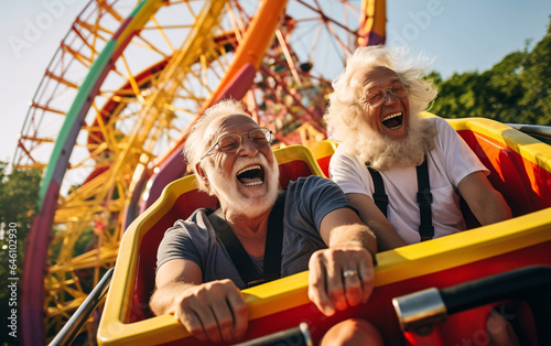 Two elderly gay seniors have fun together in an amusement park