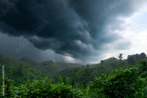 During the rainy season, thick green hills are mixed with thick black clouds in the sky. Hilly region of Bandarban district of Bangladesh.