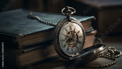 Antique pocket watch on old table, a symbol of wisdom generated by AI