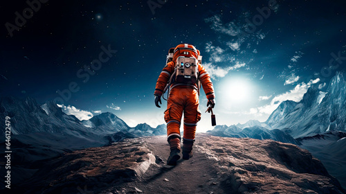 silueta de un astronauta futurista caminando en un planeta desconocido