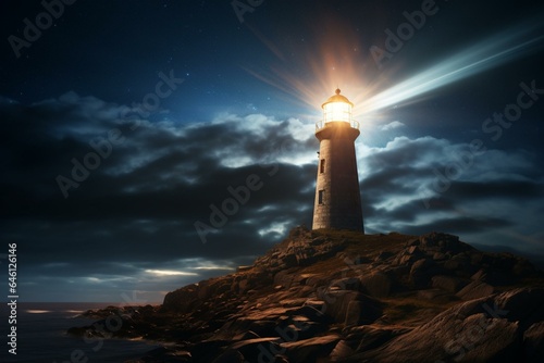 beam of light illuminating lighthouse at night. Generative AI