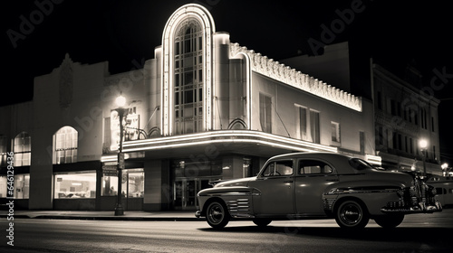 Aged monochrome photograph, vintage cars parked in front of an art deco theater, neon lights, classy elegance